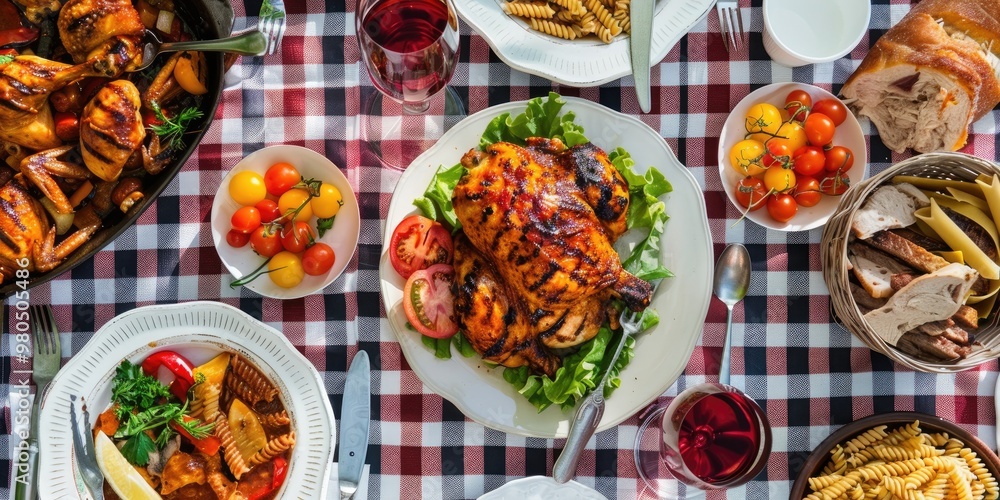 A Wholesome Feast of Grilled Chicken Pasta and Veggies on a Plaid Table Cover A Wholesome Feast of Grilled Chicken Pasta and Veggies on a Plaid Table Cover