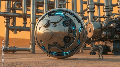 An sleek, silver-gray spherical structure with intricate mechanical components and glowing blue circuitry dominates a photo