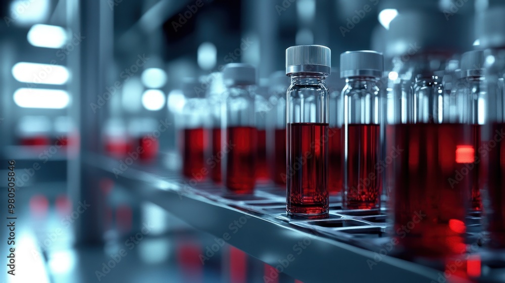 Row of blood vials in a sterile laboratory environment with light reflecting off the glass and clean metal surfaces Row of blood vials in a sterile laboratory environment with light reflecting off the glass and clean metal surfaces