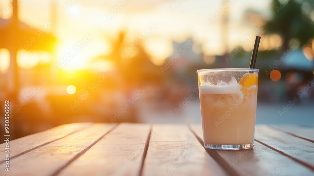 A tranquil moment at an outdoor cafГ© table with a drink as the sun sets, casting a warm glow in the surroundings A tranquil moment at an outdoor cafГ© table with a drink as the sun sets, casting a warm glow in the surroundings