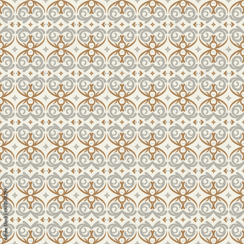 Seamless damask golden pattern. Beige backdrop for textile wallpaper, fabric, wrapping. Intricate lace endless background.