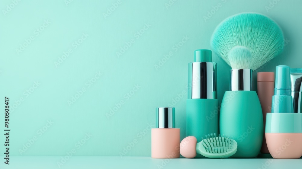 A bunch of different colored cosmetics and brushes on a green wall, AI A bunch of different colored cosmetics and brushes on a green wall, AI