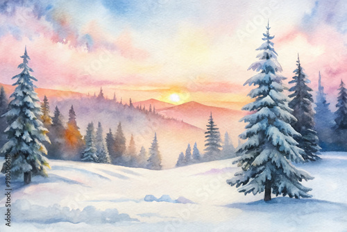 A painting of a snowy landscape with a tree in the foreground
