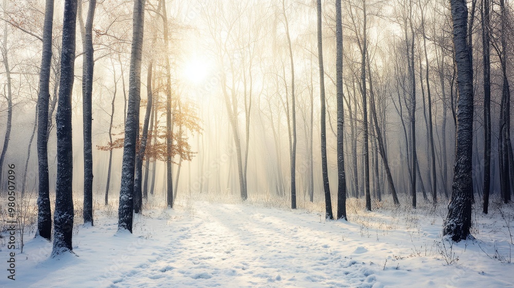 Naklejka premium Winter forest landscape with soft sunlight filtering through bare trees and light snow covering the ground