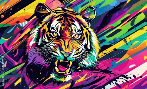 Colorful tiger illustration on vibrant geometric background.