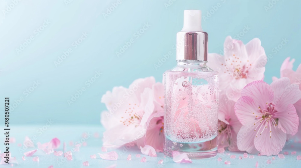 A beautiful pink skincare serum stands among charming flowers, creating an inviting and serene atmosphere perfect for self-care A beautiful pink skincare serum stands among charming flowers, creating an inviting and serene atmosphere perfect for self-care