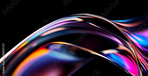 A close-up of the curved edges of an object, rendered iridescent colors against a black background. The focus is on the reflective and translucent quality of each curve, creati