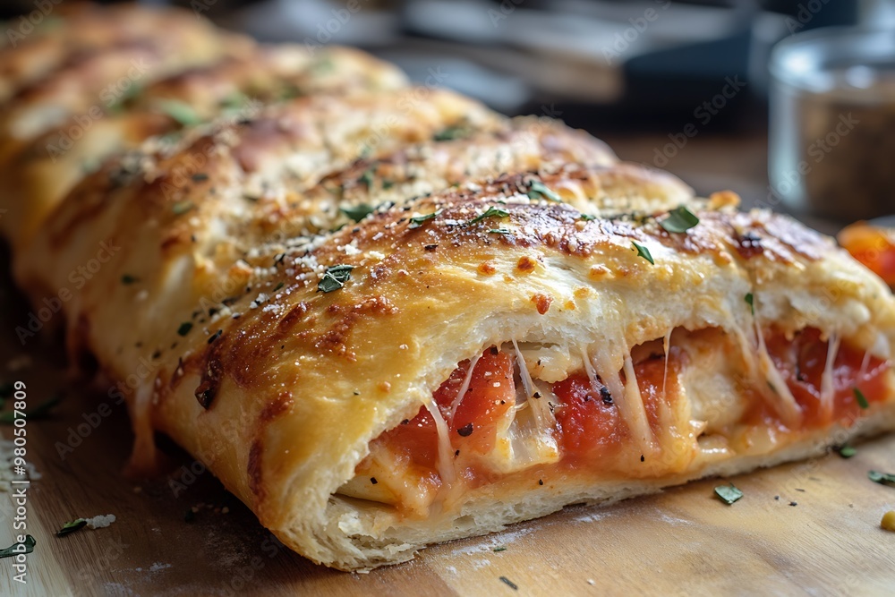 Close-up of a freshly baked bread stuffed with tomato and cheese. Close-up of a freshly baked bread stuffed with tomato and cheese.