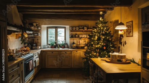 Rustic French country kitchen decorated for Christmas with warm lighting and festive ambiance.