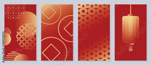 Chinese New Year poster background vector set. Luxury card design with golden lantern, firework, flower, chinese pattern. Elegant oriental illustration for cover, banner, website, calendar, envelope.