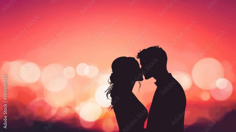 Affectionate Lovers Sharing a Kiss in the Red Glow of Evening - Illustration for Valentine's Day Affectionate Lovers Sharing a Kiss in the Red Glow of Evening - Illustration for Valentine's Day