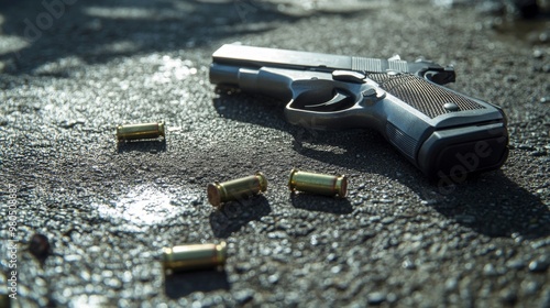 A pistol and shell casings lie on the asphalt, evidence of a crime