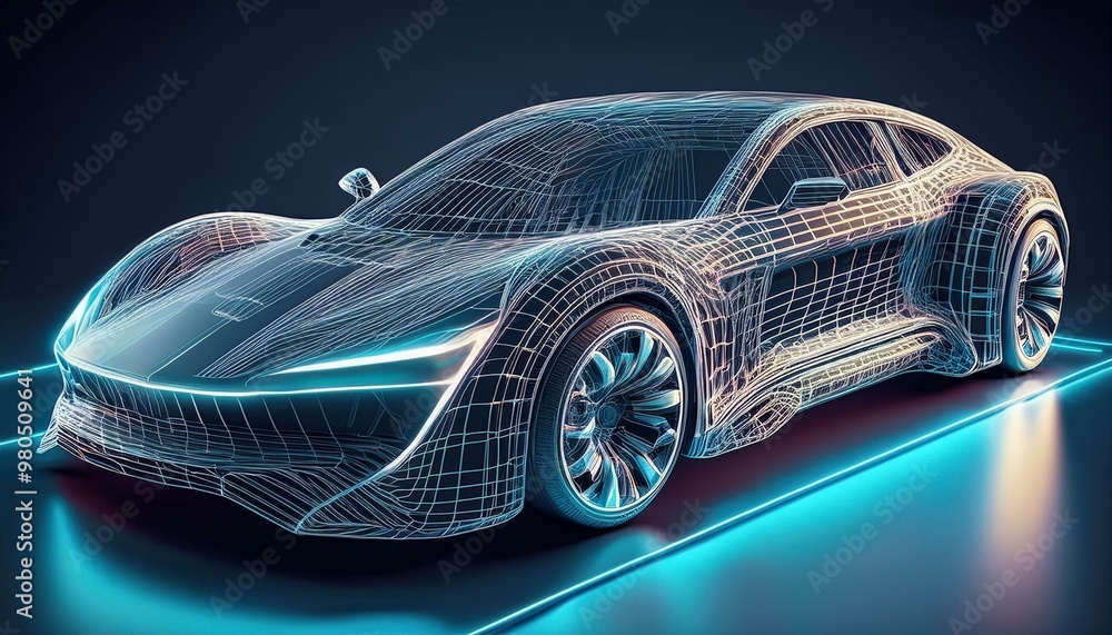 Naklejka premium 3D illustration showcasing a futuristic car technology concept with wireframe intersection, highlighting innovative design.