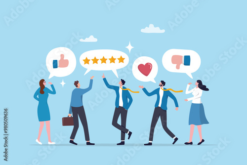 Employee feedback, opinion or rating review, customer service quality, survey result or social media comment, appraisal, evaluation or ranking concept, business people giving feedback communication.