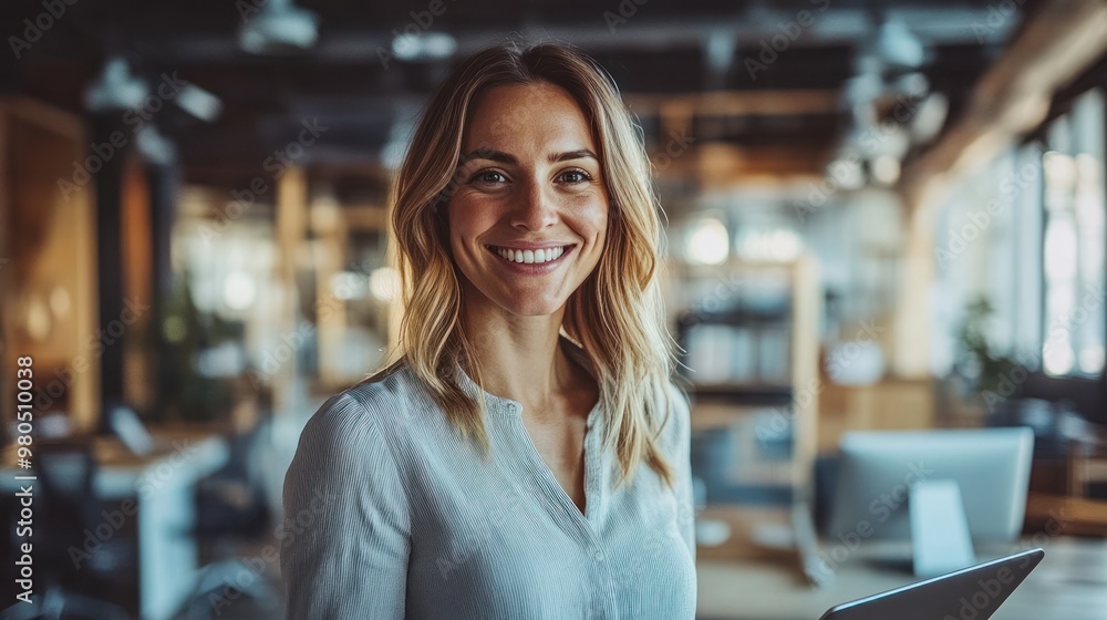 Professional businesswoman with a touchpad in hand, standing in a contemporary office space, displaying a cheerful expression, Professional businesswoman with a touchpad in hand, standing in a contemporary office space, displaying a cheerful expression,