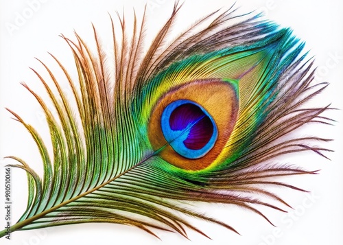 Vibrant iridescent peacock feather with intricate eye Patterns and delicate barbs isolated on a transparent background, showcasing its stunning natural beauty and colors. photo