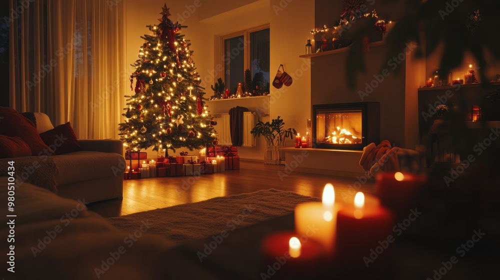 Cozy Slovenian living room adorned with a beautifully decorated Christmas tree and glowing candles, creating a warm holiday atmosphere filled with festive decorations and wrapped presents. Cozy Slovenian living room adorned with a beautifully decorated Christmas tree and glowing candles, creating a warm holiday atmosphere filled with festive decorations and wrapped presents.