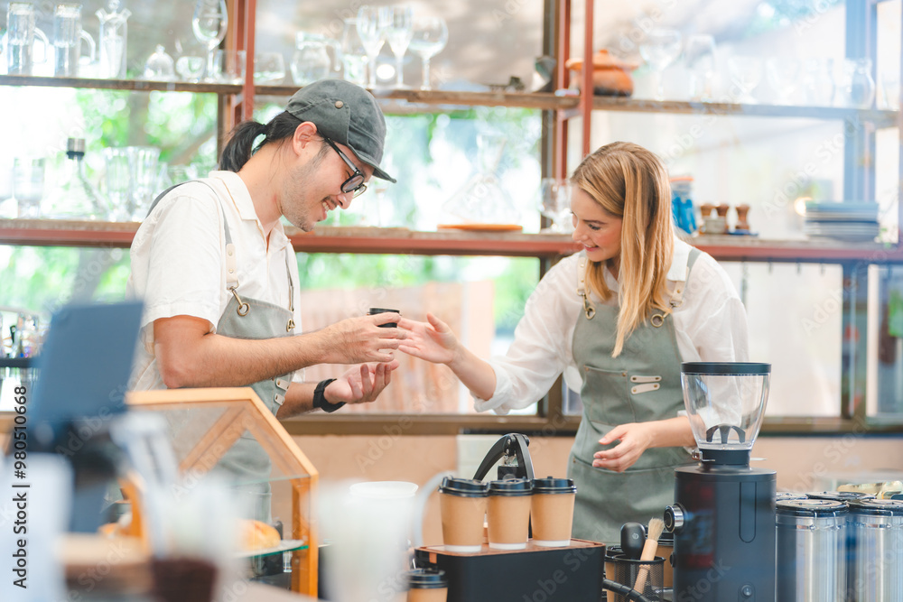 Obraz premium Vintage Barista Crafting Perfect Espresso at Charming Cafe, Hot Drinks Like Cappuccino Latte Served in Cups, Professional Precision Aroma Filling the Morning, Brown Beverage Warms Customers in Cozy