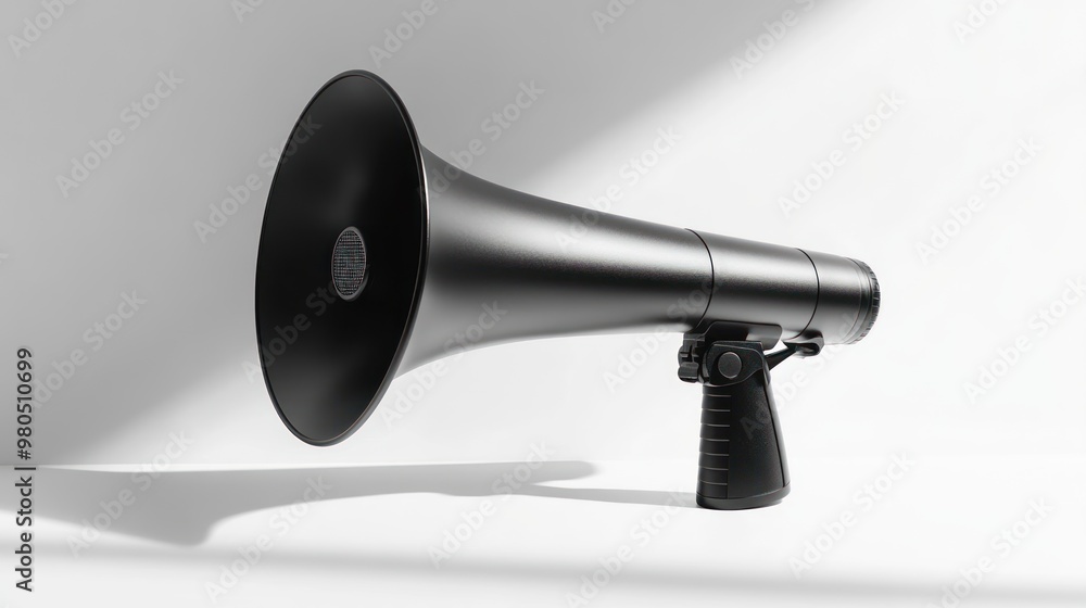 Side view of a megaphone on a white surface, casting a soft shadow, the megaphone's handle and buttons are visible, isolated on white, ideal for promotional content or communication themes