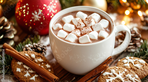 Warm cup of hot chocolate with marshmallows, cinnamon sticks, and a Christmas cookie beside it, placed on a festive table with holiday decorations, Generative AI