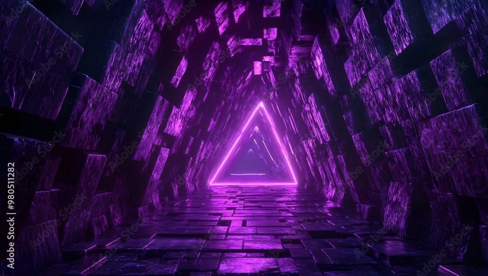 Obraz premium A dark and mysterious tunnel, illuminated by purple neon lights. The walls of the tunnel consist entirely of squares made from black plastic cubes,