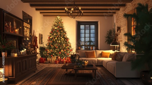 Traditional Spanish living room beautifully decorated for Christmas with a glowing tree and festive garlands creating a cozy holiday atmosphere