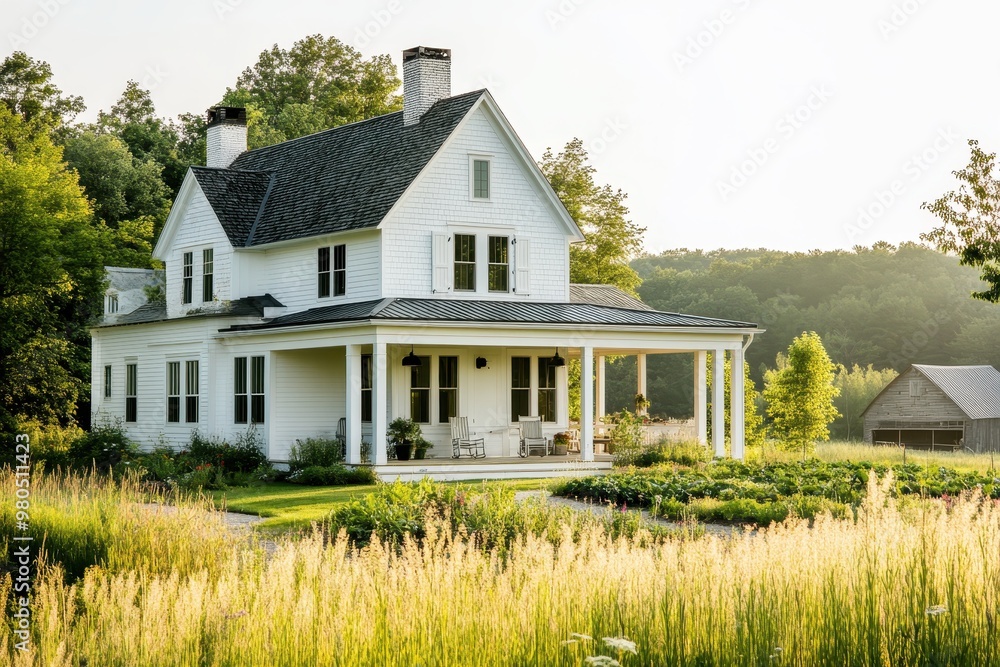A charming white house surrounded by lush greenery and tall grass in a serene landscape. A charming white house surrounded by lush greenery and tall grass in a serene landscape.