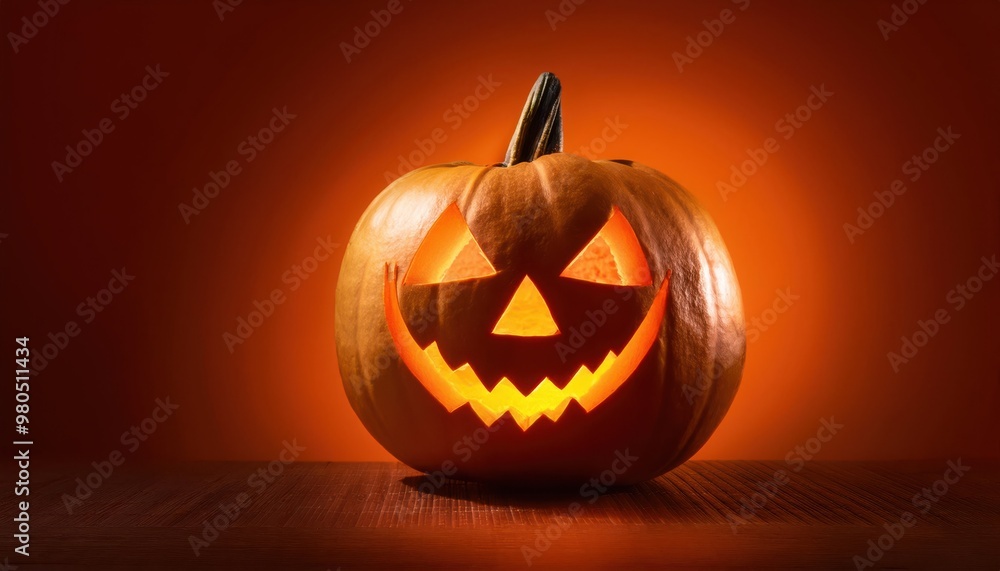 Glowing Jack-O'-Lantern Against Bold Orange Background. Halloween Pumpkin with Carved Smiling Face Illuminated, Placed on a Dark Surface for Festive and Spooky Holiday Vibes Glowing Jack-O'-Lantern Against Bold Orange Background. Halloween Pumpkin with Carved Smiling Face Illuminated, Placed on a Dark Surface for Festive and Spooky Holiday Vibes