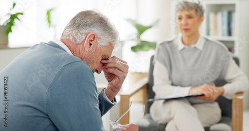 Therapist, client and senior people in office, conversation and sad with emotional reaction. Psychologist, old person and medical with professional, healthcare and depression with stress and anxiety