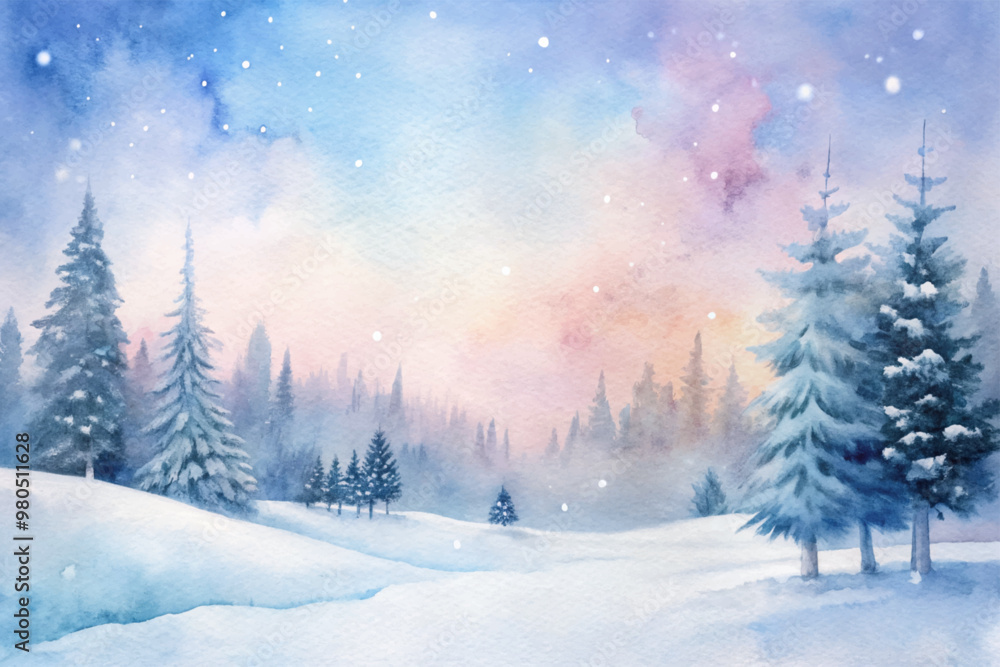 A painting of a snowy landscape with trees and a sky A painting of a snowy landscape with trees and a sky