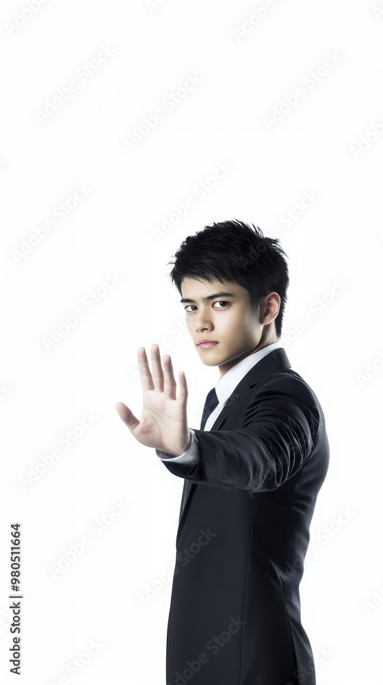Young businessman holding his hand up in a stop gesture against a white background, signaling rejection or halt, job market issues, employment concerns, financial stress Young businessman holding his hand up in a stop gesture against a white background, signaling rejection or halt, job market issues, employment concerns, financial stress