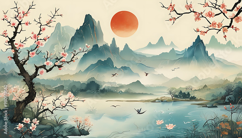 Hand-painted Chinese style landscape painting, integrating elements of the Awakening of Insects festival, presenting a beautiful fairyland. photo