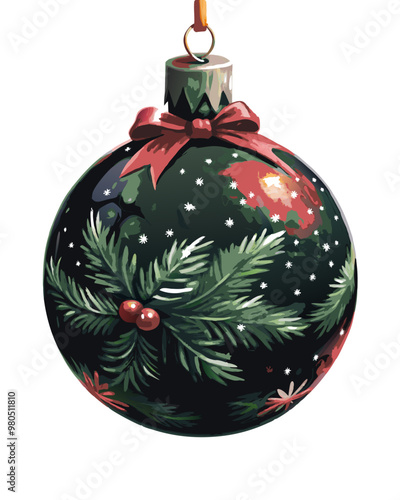 Decorative Christmas bauble with holly and pine branches, traditional and elegant design, transparent background