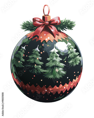Decorative Christmas bauble with trees and ribbon, vibrant and festive design, transparent background