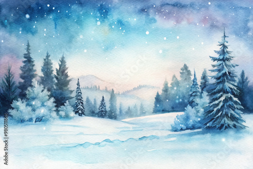 A painting of a snowy landscape with trees and mountains in the background