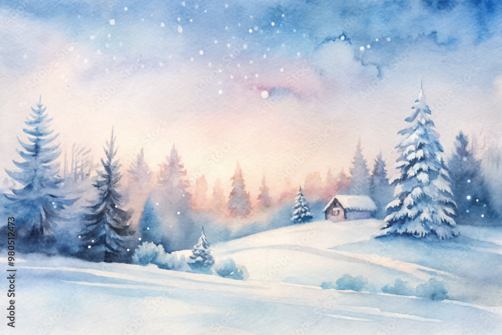 Fototapeta premium A painting of a snowy landscape with a cabin in the distance