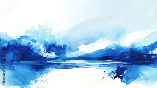 Vibrant hand-drawn aquarelle artwork with bold blue hues and dynamic brushstrokes, creating a serene and expressive visual landscape