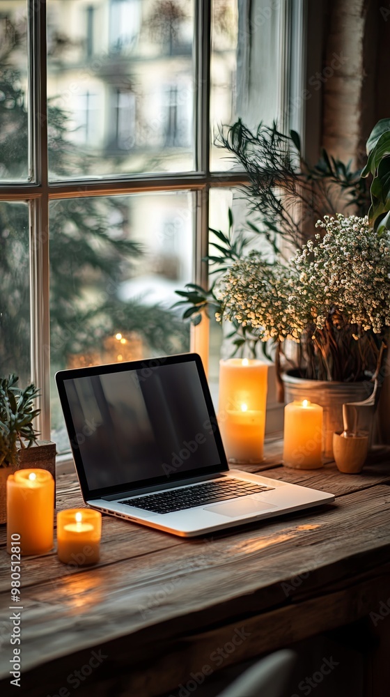 Laptop on a wooden table with candles, space for text Laptop on a wooden table with candles, space for text