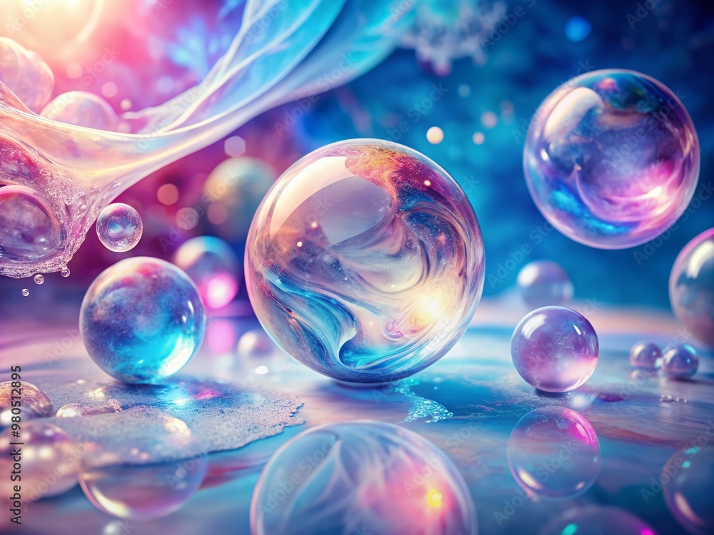 Glowing ice bubbles suspended amidst pastel soap bubbles and marbles, radiating soft pink and blue hues against a mesmerizing abstract background. Glowing ice bubbles suspended amidst pastel soap bubbles and marbles, radiating soft pink and blue hues against a mesmerizing abstract background.