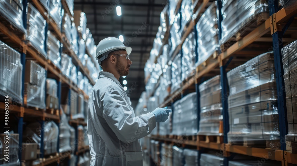 The factory manager is inspecting the stock of goods to prepare for shipment. Their factory is a large, well-organized warehouse. The factory manager is inspecting the stock of goods to prepare for shipment. Their factory is a large, well-organized warehouse.