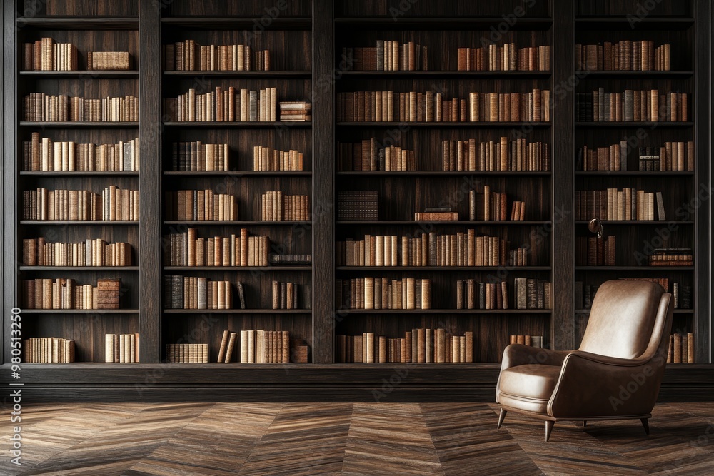 Elegant Home Library Classic Bookshelf Wall With Leather Armchair, Dark Academia Aesthetic Elegant Home Library Classic Bookshelf Wall With Leather Armchair, Dark Academia Aesthetic