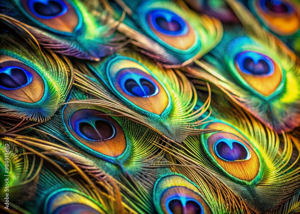 Obraz premium Macro close up Colorful peacock feathers, shallow dof texture of peacock feathers Beautiful background, rich color.Animal bird background