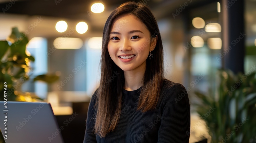 Young Asian female professional in a sleek office environment, smiling at the camera with a laptop in front of her, showcasing expertise and confidence in technology Young Asian female professional in a sleek office environment, smiling at the camera with a laptop in front of her, showcasing expertise and confidence in technology