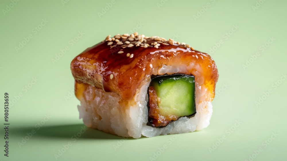 Realistic, close-up photo of piece of Dragon Unagi Roll, featuring a small portion of grilled eel (unagi) atop a core of cucumber and avocado, drizzled with teriyaki sauce and sprinkled with sesame se Realistic, close-up photo of piece of Dragon Unagi Roll, featuring a small portion of grilled eel (unagi) atop a core of cucumber and avocado, drizzled with teriyaki sauce and sprinkled with sesame se
