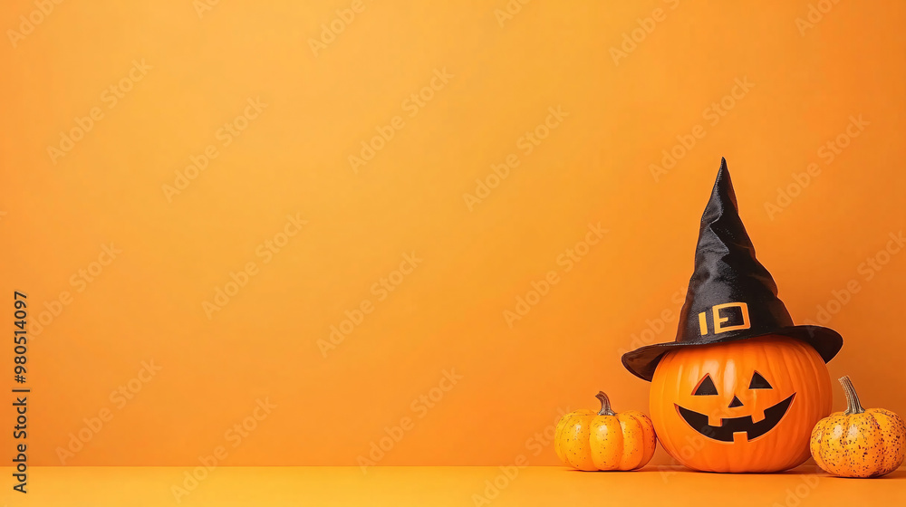 A pumpkin with a black hat on top of it is on a table. The table is surrounded by orange pumpkins A pumpkin with a black hat on top of it is on a table. The table is surrounded by orange pumpkins
