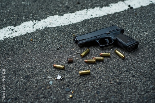 Crime scene investigation, Pistol and bullet shells against the crime marker on the ground