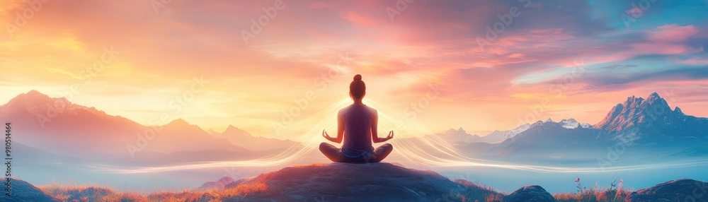 A tranquil landscape with a figure practicing mindfulness, EMDR therapy visualized through soft glowing trails of light, restoring balance and emotional healing A tranquil landscape with a figure practicing mindfulness, EMDR therapy visualized through soft glowing trails of light, restoring balance and emotional healing
