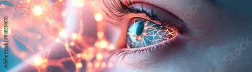 Abstract depiction of eyes tracking moving light in EMDR, neural pathways glowing with stimulation, visualizing the therapeutic process with soft gradients