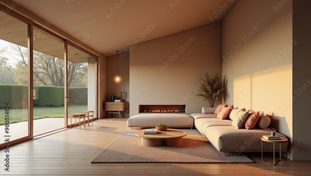 Fototapeta premium Modern living room with floor-to-ceiling windows, cozy furniture, and warm wooden details, sunset light streaming in