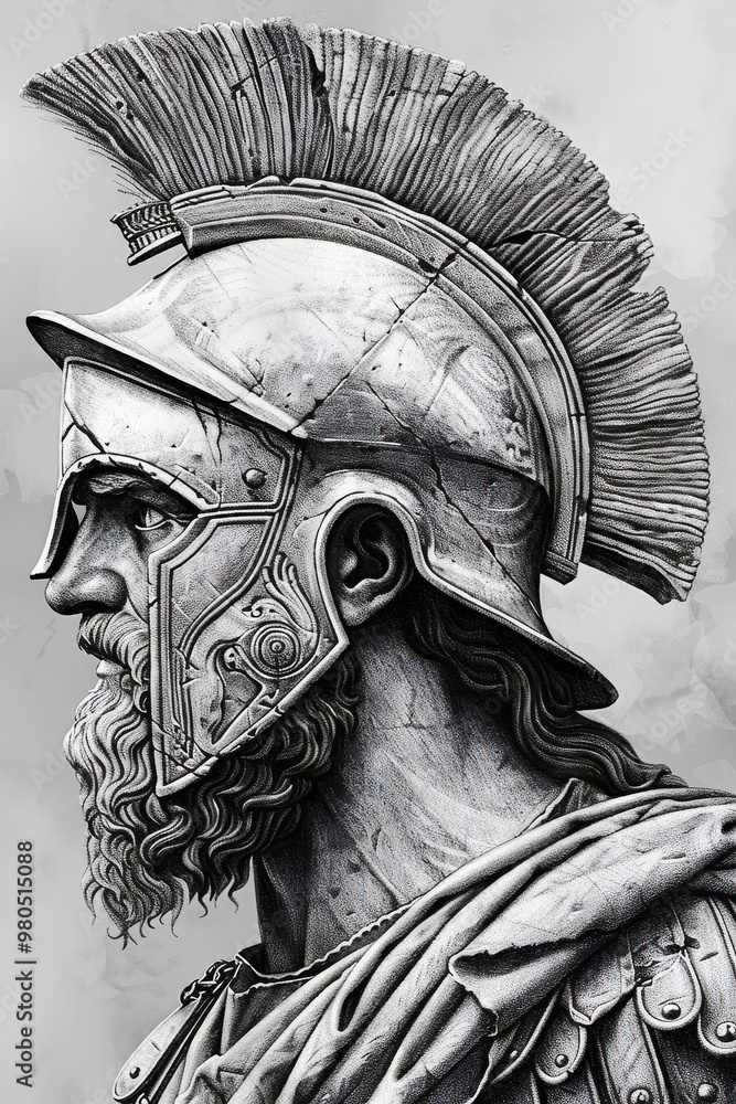 Obraz premium Classical marble sculpture of an ancient warrior with a helmet, representing the strength and heroism of Greek and Roman mythology in a timeless artistic style.